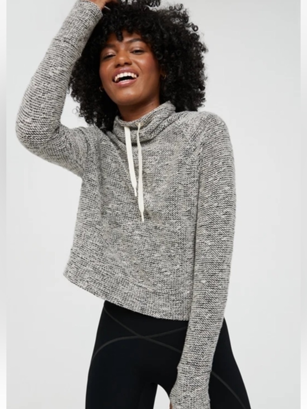 Aerie Offline Snowday Mock-Neck Boxy‎ Sweatshirt Marled Black & White small